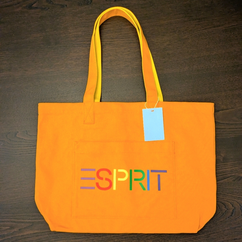 New ESPRIT Canvas Tote Bag Spellout Purse Orange Yellow Rainbow Logo